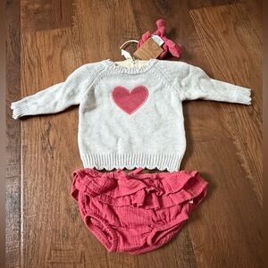 RABBIT + BEAR Organic Cotton Sweater Set 0–3M Heart Design Bloomer & Headband
